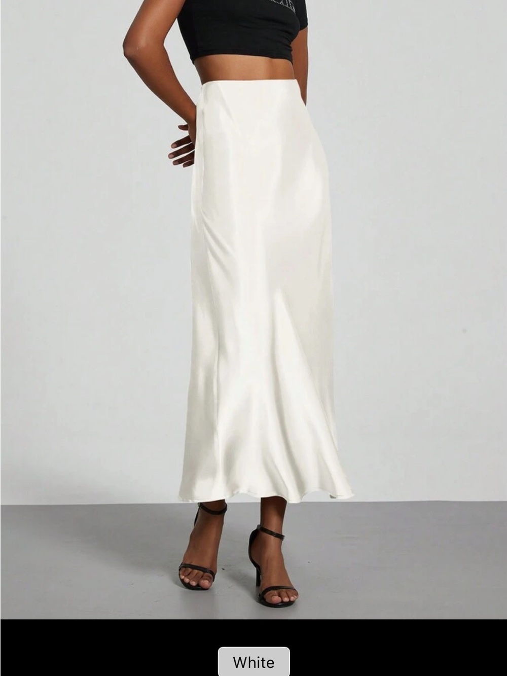 Women’s White Satin Midi Skirt - Sleek High-Rise Slip Style